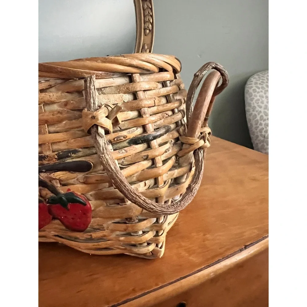 Vintage Handcrafted Strawberry Basket Wild Vine Woven Handles Cottagecore